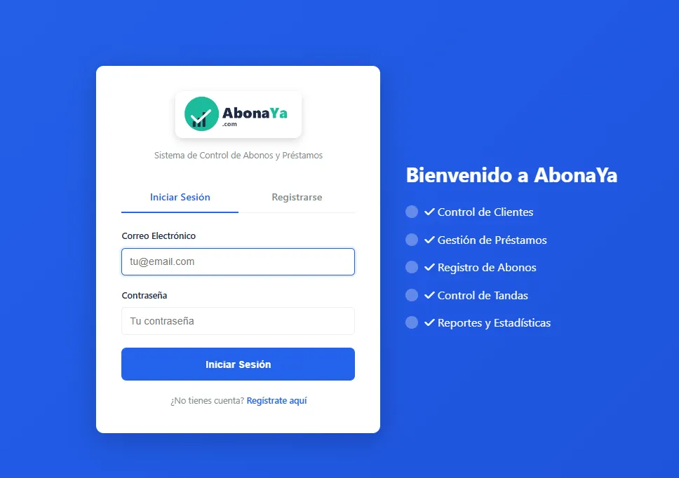 Pantalla de AbonaYa en un celular con la lista de cobros del día y el saldo de cada cliente